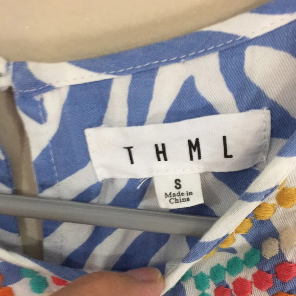 THML Anthropologie Embroidered Animal Print Blue Striped Boho Top Fringe Small - Picture 6 of 11